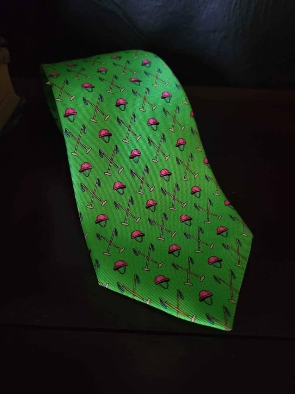 Ralph Lauren Polo-Themed Green Silk Tie Pink Helmets & Mallets 100% Silk Italy